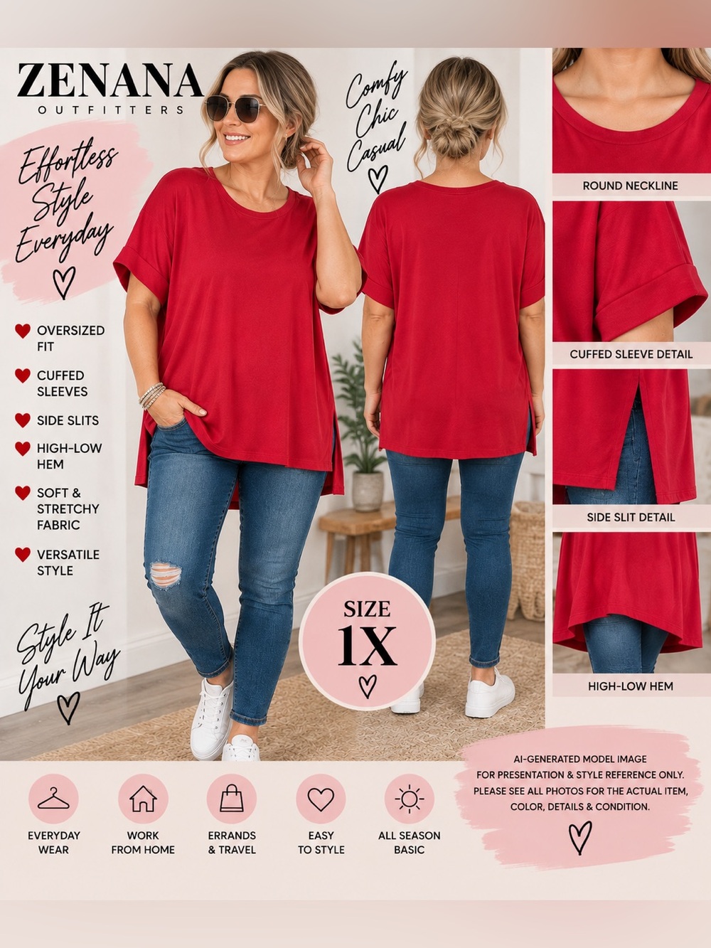 Zenana Red Rolled Sleeve Side Slit High-Low Tee 1X